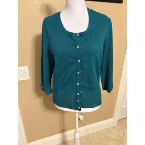 White House Black Market Cardigan w/ Metal & Rhinestone Buttons, Teal, Size  M